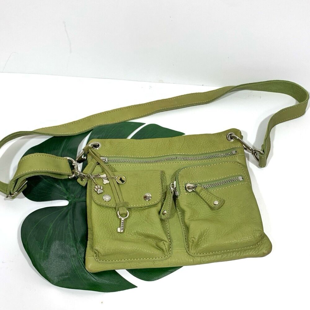 Fossil Leather Green Pebble Adjustable Strap Purse With Charms Women’s